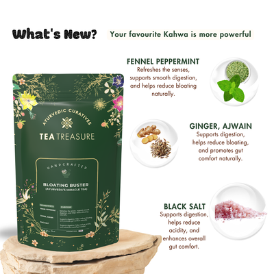 Treasure Bloating Buster Ayurveda's Miracle Tea | Supports Digestion & Gut Comfort | Helps Reduce Bloating Gas Acidity & Burping | Feel Light After Every Meal | Antioxidant Rich Natural Caffeine Free Herbal Tea | 100 gram Tea