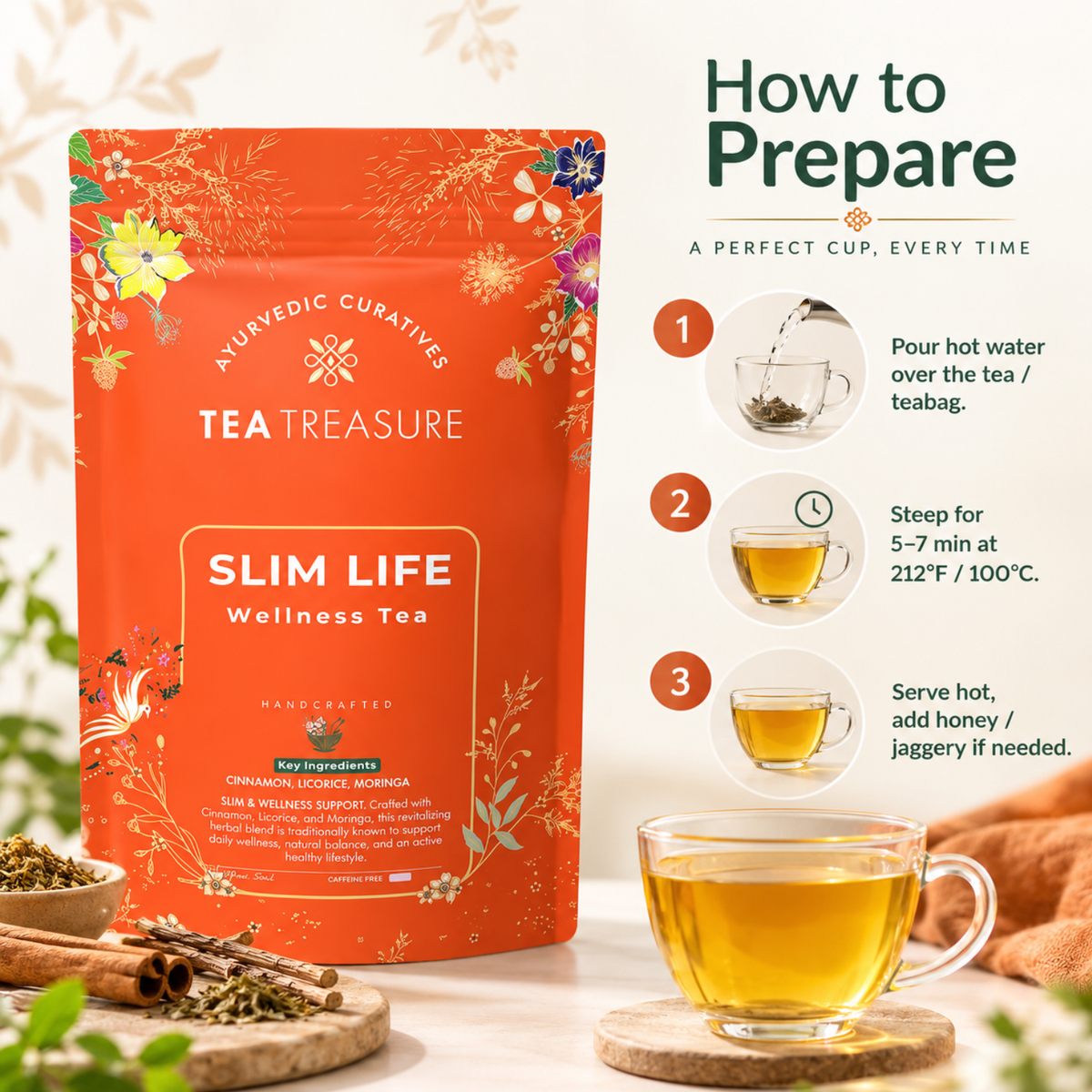 SlimLife Green Tea with Moringa & Cinnamon, 100g