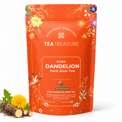 Tea Treasure Pure Dandelion Root Tea | Dandelion, Chicory, Milk Thistle, Ashwagandha & Tulsi | Supports Liver Cleanse, Detox, Digestion & Metabolism | Caffeine Free Ayurvedic Herbal Tea | 100g