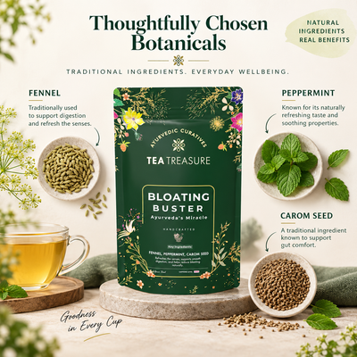 Treasure Bloating Buster Ayurveda's Miracle Tea | Supports Digestion & Gut Comfort | Helps Reduce Bloating Gas Acidity & Burping | Feel Light After Every Meal | Antioxidant Rich Natural Caffeine Free Herbal Tea | 100 gram Tea
