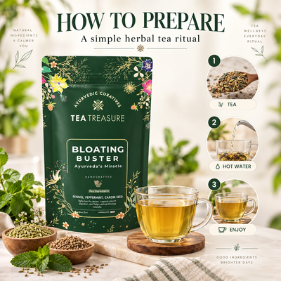Treasure Bloating Buster Ayurveda's Miracle Tea | Supports Digestion & Gut Comfort | Helps Reduce Bloating Gas Acidity & Burping | Feel Light After Every Meal | Antioxidant Rich Natural Caffeine Free Herbal Tea | 100 gram Tea