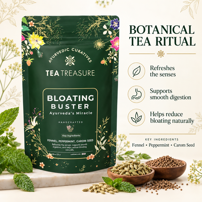 Treasure Bloating Buster Ayurveda's Miracle Tea | Supports Digestion & Gut Comfort | Helps Reduce Bloating Gas Acidity & Burping | Feel Light After Every Meal | Antioxidant Rich Natural Caffeine Free Herbal Tea | 100 gram Tea