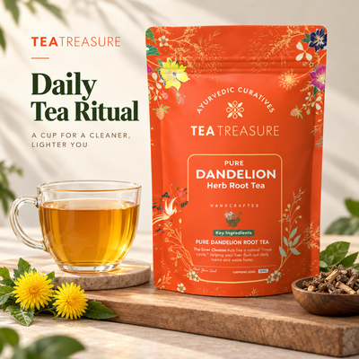 Tea Treasure Pure Dandelion Root Tea | Dandelion, Chicory, Milk Thistle, Ashwagandha & Tulsi | Supports Liver Cleanse, Detox, Digestion & Metabolism | Caffeine Free Ayurvedic Herbal Tea | 100g