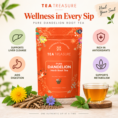 Tea Treasure Pure Dandelion Root Tea | Dandelion, Chicory, Milk Thistle, Ashwagandha & Tulsi | Supports Liver Cleanse, Detox, Digestion & Metabolism | Caffeine Free Ayurvedic Herbal Tea | 100g