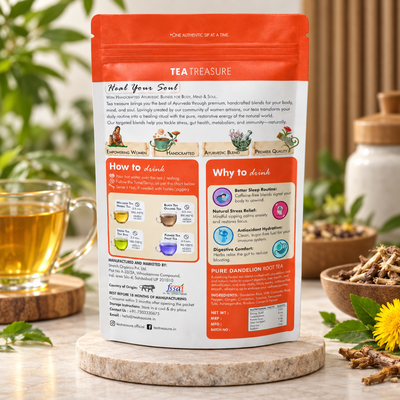 Tea Treasure Pure Dandelion Root Tea | Dandelion, Chicory, Milk Thistle, Ashwagandha & Tulsi | Supports Liver Cleanse, Detox, Digestion & Metabolism | Caffeine Free Ayurvedic Herbal Tea | 100g