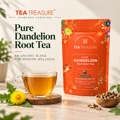 Tea Treasure Pure Dandelion Root Tea | Dandelion, Chicory, Milk Thistle, Ashwagandha & Tulsi | Supports Liver Cleanse, Detox, Digestion & Metabolism | Caffeine Free Ayurvedic Herbal Tea | 100g
