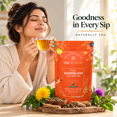 Tea Treasure Pure Dandelion Root Tea | Dandelion, Chicory, Milk Thistle, Ashwagandha & Tulsi | Supports Liver Cleanse, Detox, Digestion & Metabolism | Caffeine Free Ayurvedic Herbal Tea | 100g