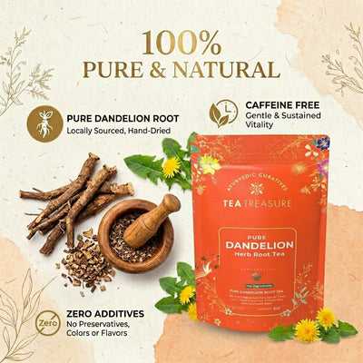 Tea Treasure Pure Dandelion Root Tea | Dandelion, Chicory, Milk Thistle, Ashwagandha & Tulsi | Supports Liver Cleanse, Detox, Digestion & Metabolism | Caffeine Free Ayurvedic Herbal Tea | 100g