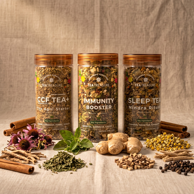 TeaTreasure Immunity Reset Ritual Kit – CCF, Booster & Sleep Herbal Tea Combo | Ayurvedic Detox Set for Digestion, Gut Health, Bloating Relief, Better Rest | Caffeine-Free Natural Wellness Gift