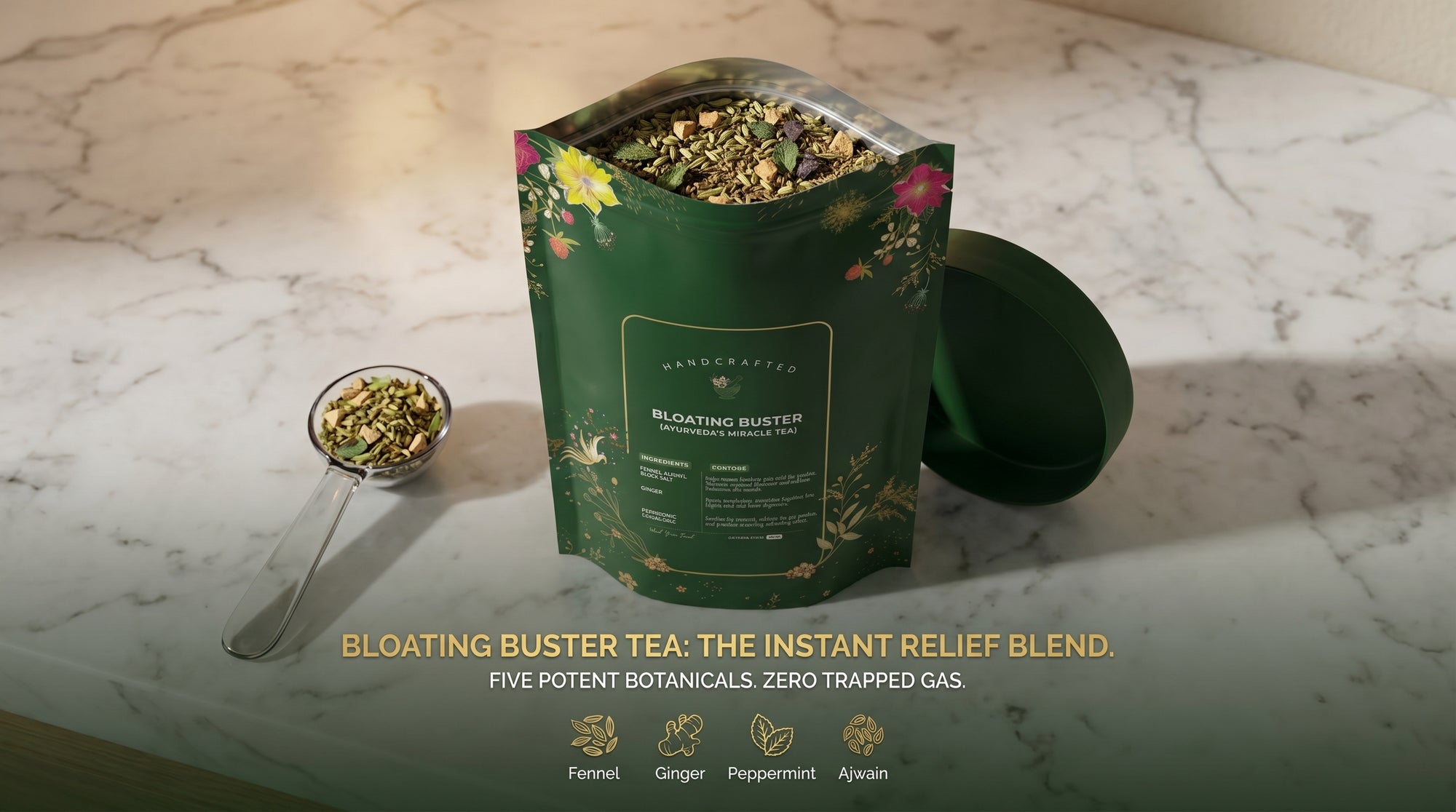 Treasure Bloating Buster Ayurveda's Miracle Tea | Supports Digestion & Gut Comfort | Helps Reduce Bloating Gas Acidity & Burping | Feel Light After Every Meal | Antioxidant Rich Natural Caffeine Free Herbal Tea | 100 gram Tea