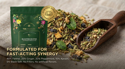 Treasure Bloating Buster Ayurveda's Miracle Tea | Supports Digestion & Gut Comfort | Helps Reduce Bloating Gas Acidity & Burping | Feel Light After Every Meal | Antioxidant Rich Natural Caffeine Free Herbal Tea | 100 gram Tea