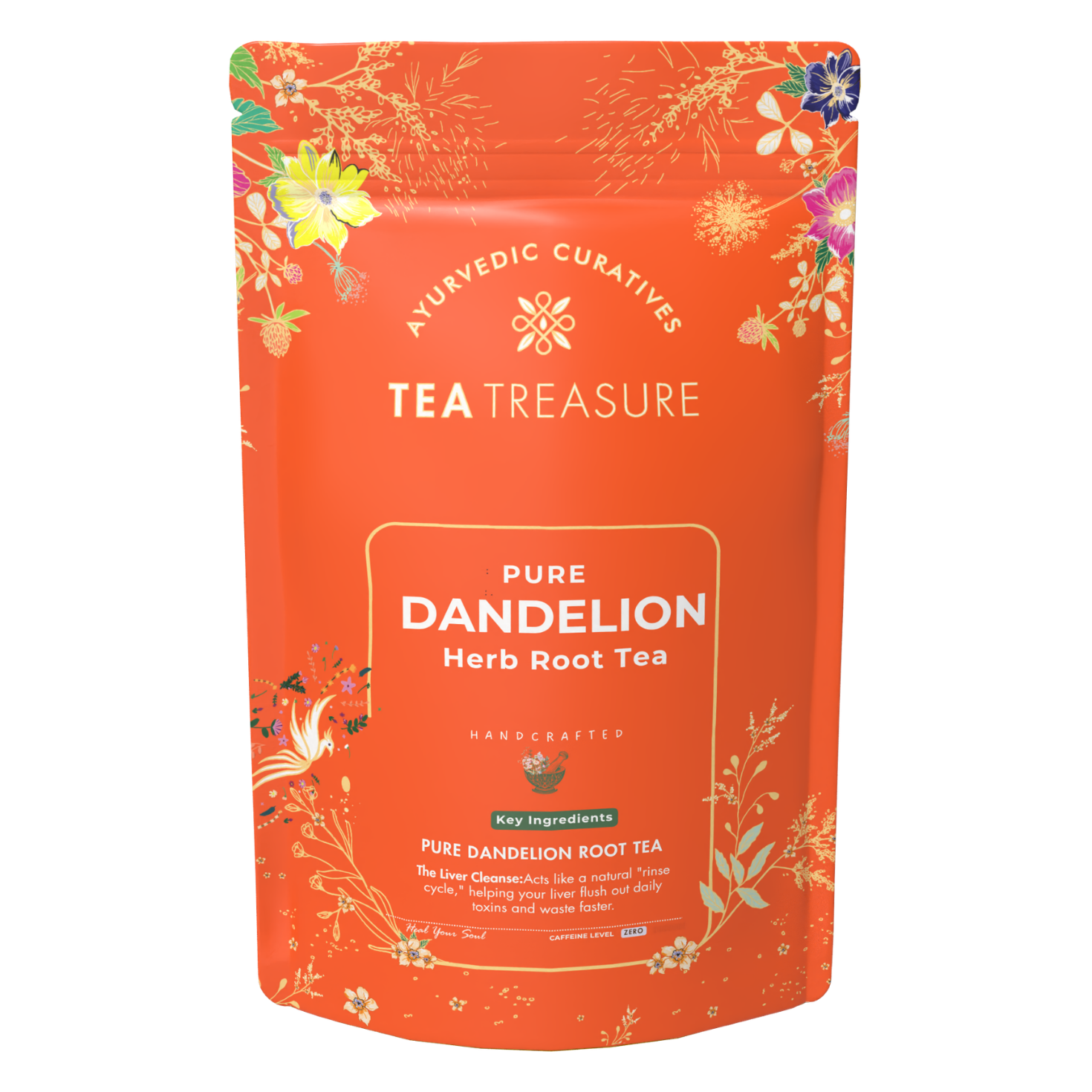 Tea Treasure Pure Dandelion Root Tea | Dandelion, Chicory, Milk Thistle, Ashwagandha & Tulsi | Supports Liver Cleanse, Detox, Digestion & Metabolism | Caffeine Free Ayurvedic Herbal Tea | 100g
