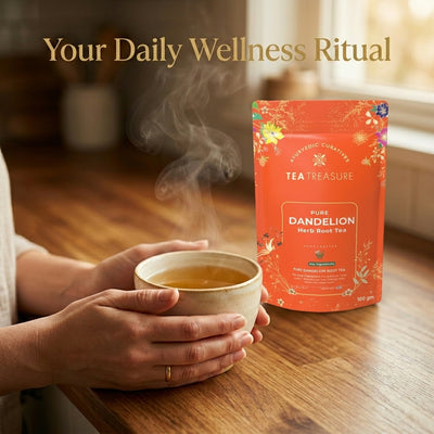 Tea Treasure Pure Dandelion Root Tea | Dandelion, Chicory, Milk Thistle, Ashwagandha & Tulsi | Supports Liver Cleanse, Detox, Digestion & Metabolism | Caffeine Free Ayurvedic Herbal Tea | 100g