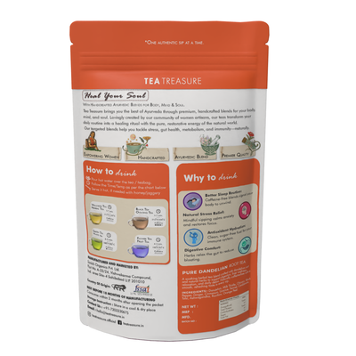 Tea Treasure Pure Dandelion Root Tea | Dandelion, Chicory, Milk Thistle, Ashwagandha & Tulsi | Supports Liver Cleanse, Detox, Digestion & Metabolism | Caffeine Free Ayurvedic Herbal Tea | 100g
