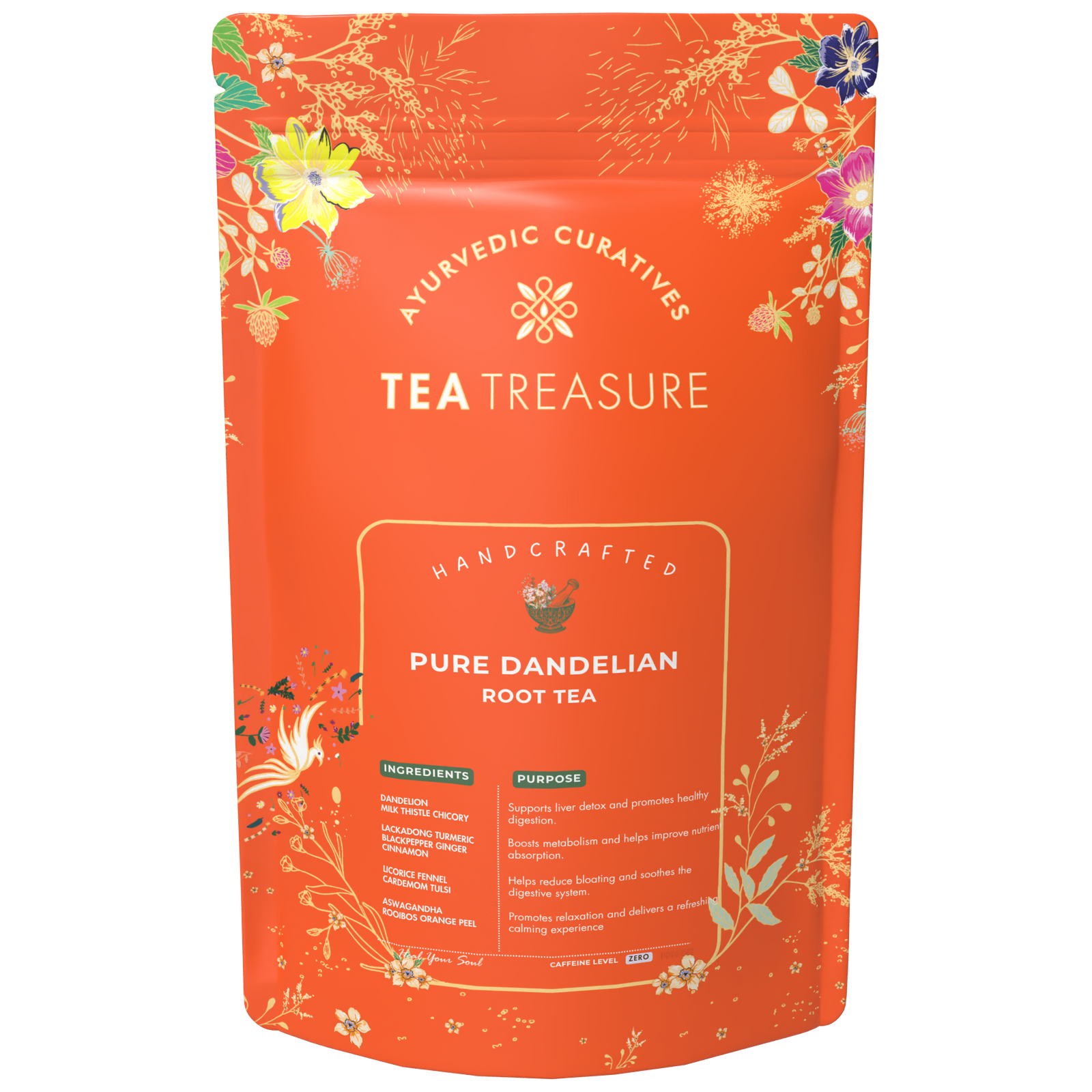 Tea Treasure Pure Dandelion Root Tea | Dandelion, Chicory, Milk Thistle, Ashwagandha & Tulsi | Supports Liver Cleanse, Detox, Digestion & Metabolism | Caffeine Free Ayurvedic Herbal Tea | 100g