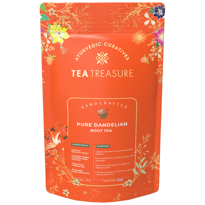 Tea Treasure Pure Dandelion Root Tea | Dandelion, Chicory, Milk Thistle, Ashwagandha & Tulsi | Supports Liver Cleanse, Detox, Digestion & Metabolism | Caffeine Free Ayurvedic Herbal Tea | 100g