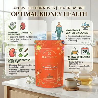 Tea Treasure Pure Dandelion Root Tea | Dandelion, Chicory, Milk Thistle, Ashwagandha & Tulsi | Supports Liver Cleanse, Detox, Digestion & Metabolism | Caffeine Free Ayurvedic Herbal Tea | 100g